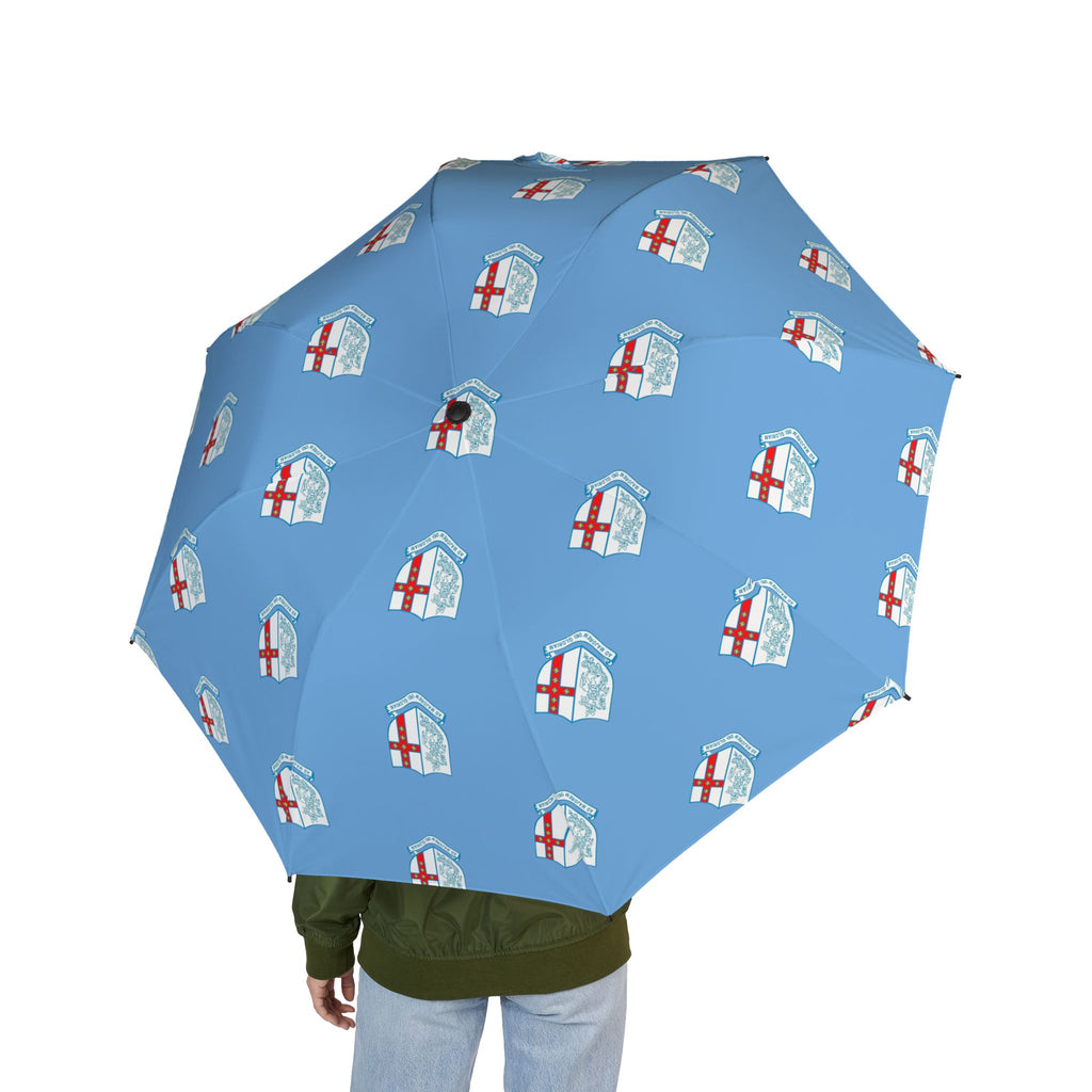 Foldable Umbrella — Sky Blue St. George Cross Pattern, Semi-Automatic Travel Umbrella