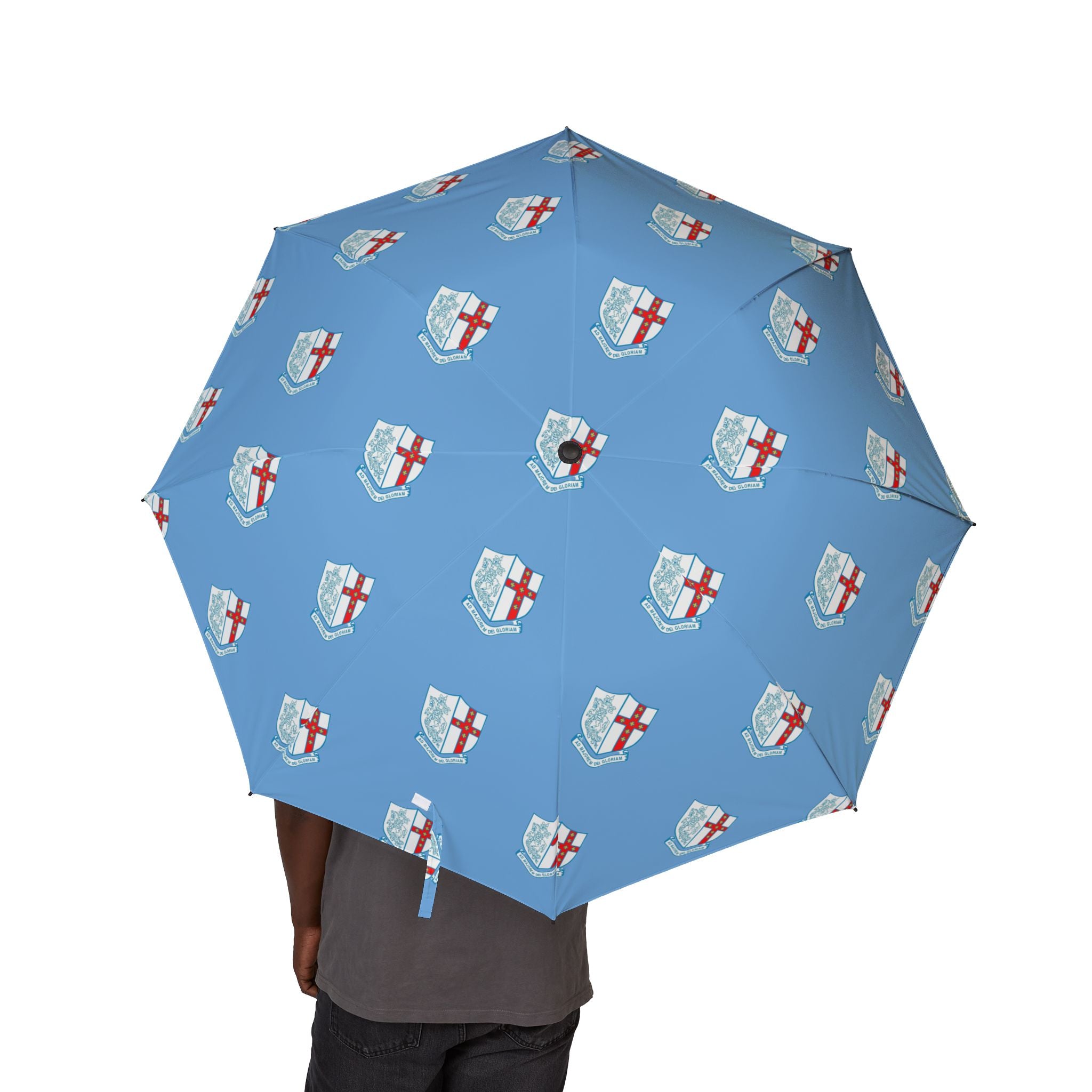 Foldable Umbrella — Sky Blue St. George Cross Pattern, Semi-Automatic Travel Umbrella