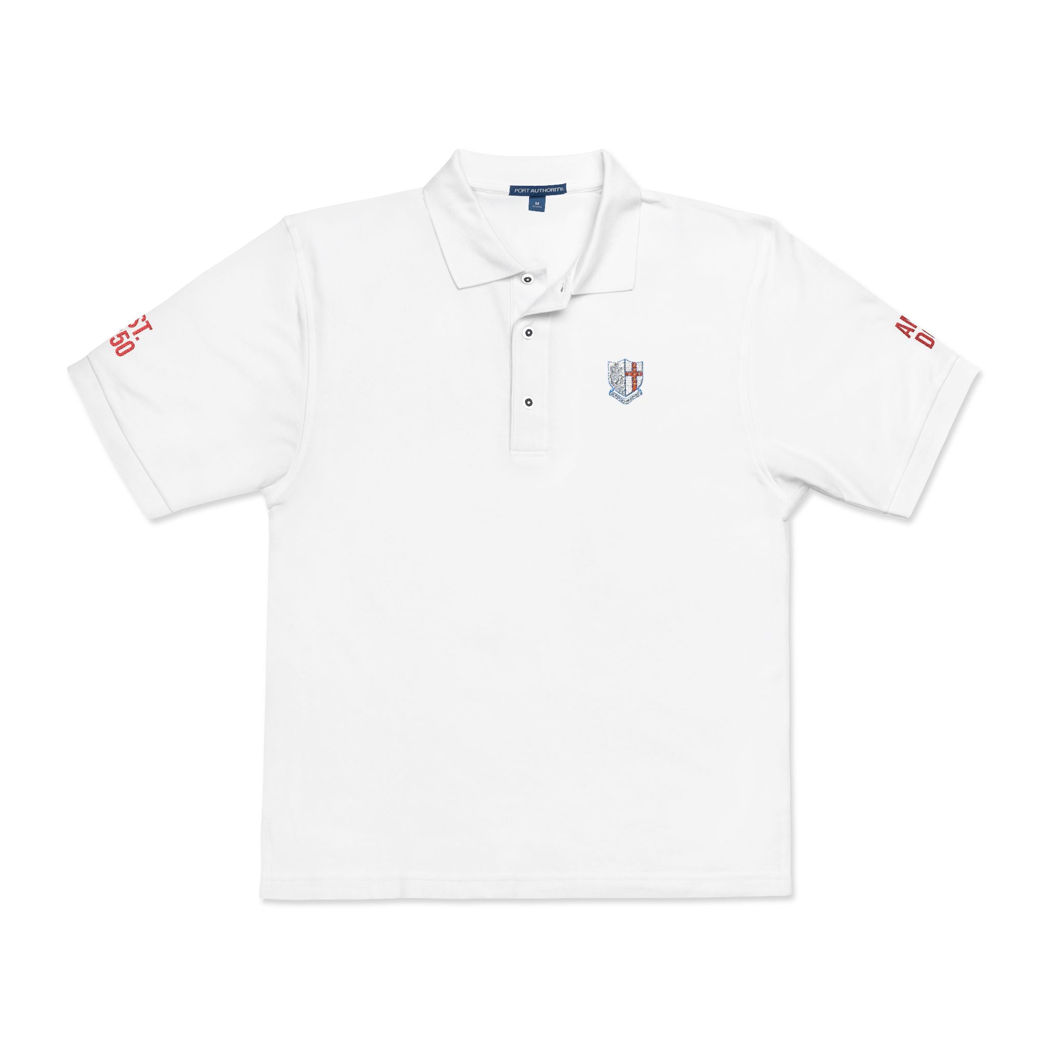 Embroidered STGC Crest Polo Shirt — AMDG and EST. 1850 Sleeves