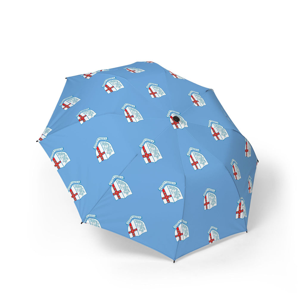 Foldable Umbrella — Sky Blue St. George Cross Pattern, Semi-Automatic Travel Umbrella